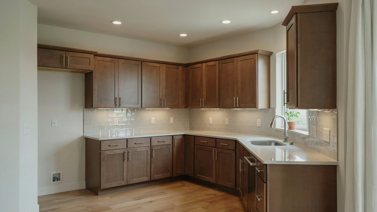 L shaped kitchen with medium brown cabinets, glossy white tile backsplash and corner sink
