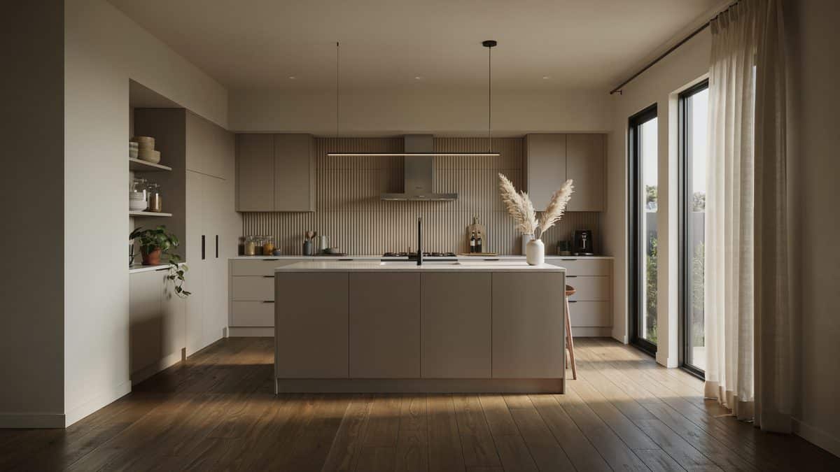 Open kitchen with dark stained plank floors, grey island and sliding glass doors