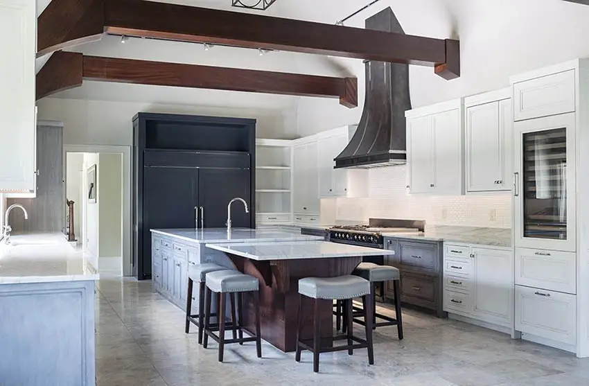 Contemporary kitchen with flat white and grey color palette and wood accents
