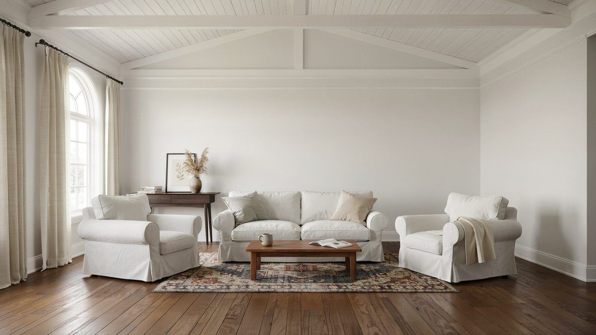 Dark maple floors, sofa with white slip covers and wengue console table