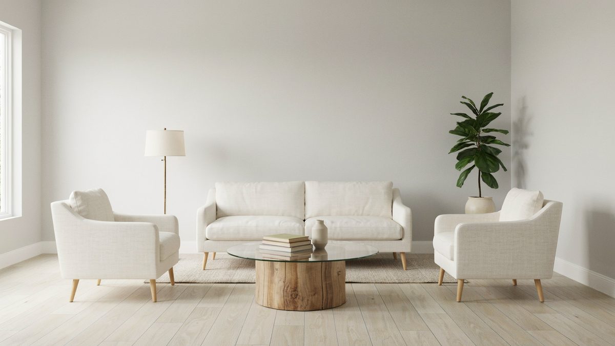 Room with pale white oak plank floors, two sofas and bench
