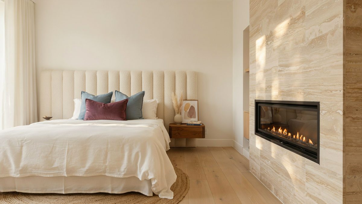 Channel tufted headboard next to a polished travertine slab wall with linear flames
