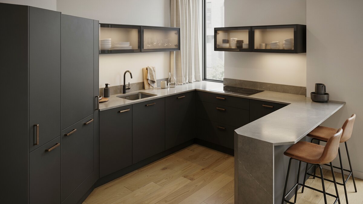 Frosted glass upper doors above light gray quartz and leather topped stools