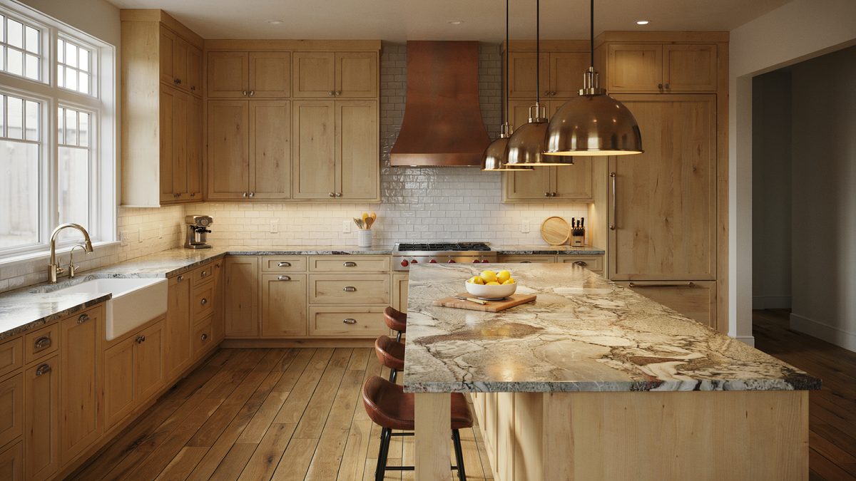 Knotty alder cabinets with a copper hood and brass pendants over a patterned island