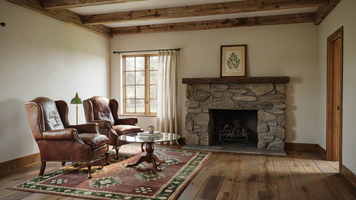 Craftsman inspired room with exposed log beams and Victorian style chairs