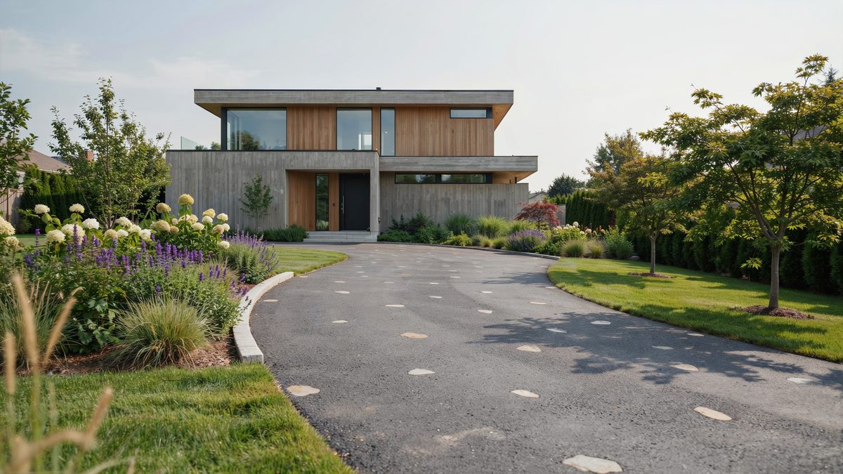 Curving tar and chip drive sweeping past flowering borders to a modern timber house