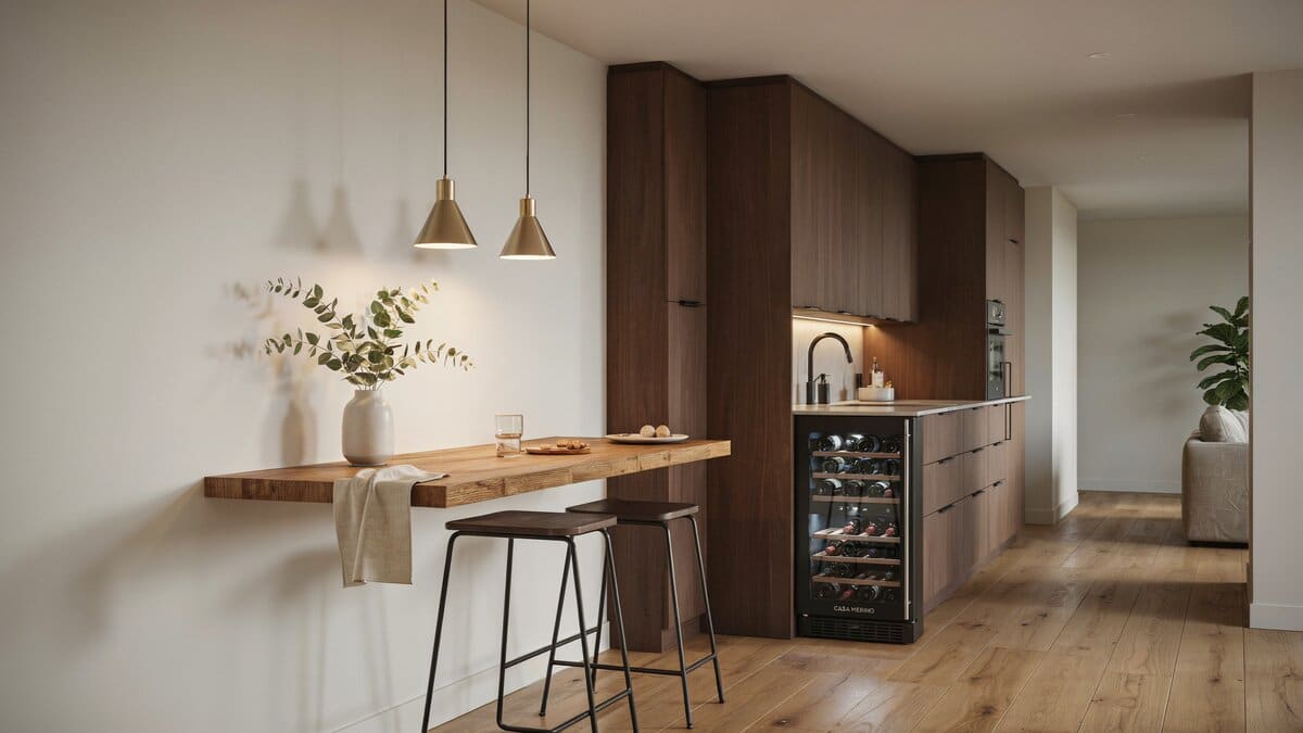Wooden breakfast bar island on warm maple floors with under counter wine storage