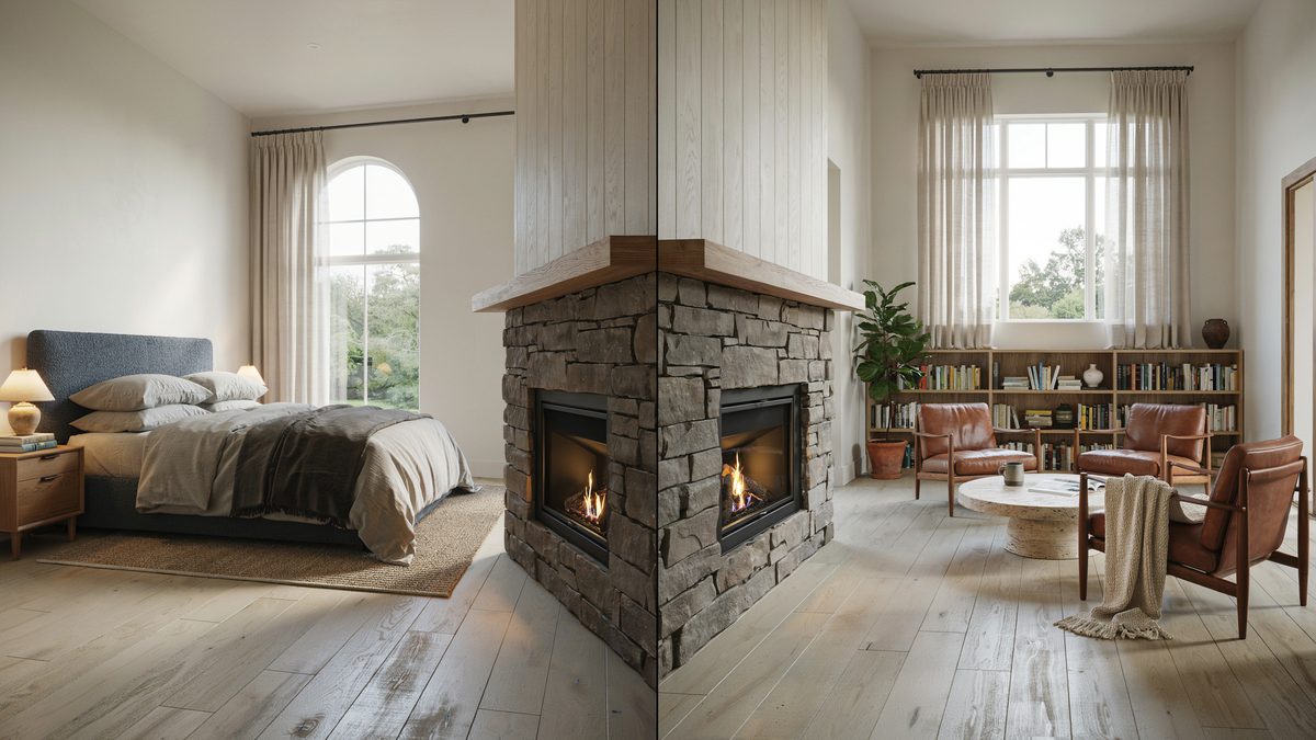 Freestanding stone chimney with glass on two sides dividing the bed from seating
