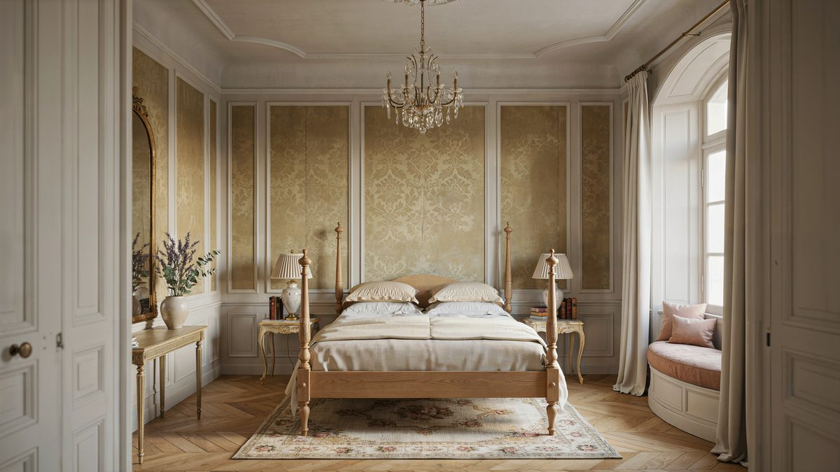 Gold damask panel walls with light wood four poster bed and window nook