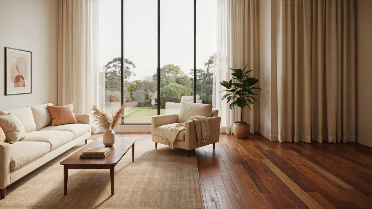 Sunlit sitting room showing deep reddish brown engineered Brazilian teak floorboards
