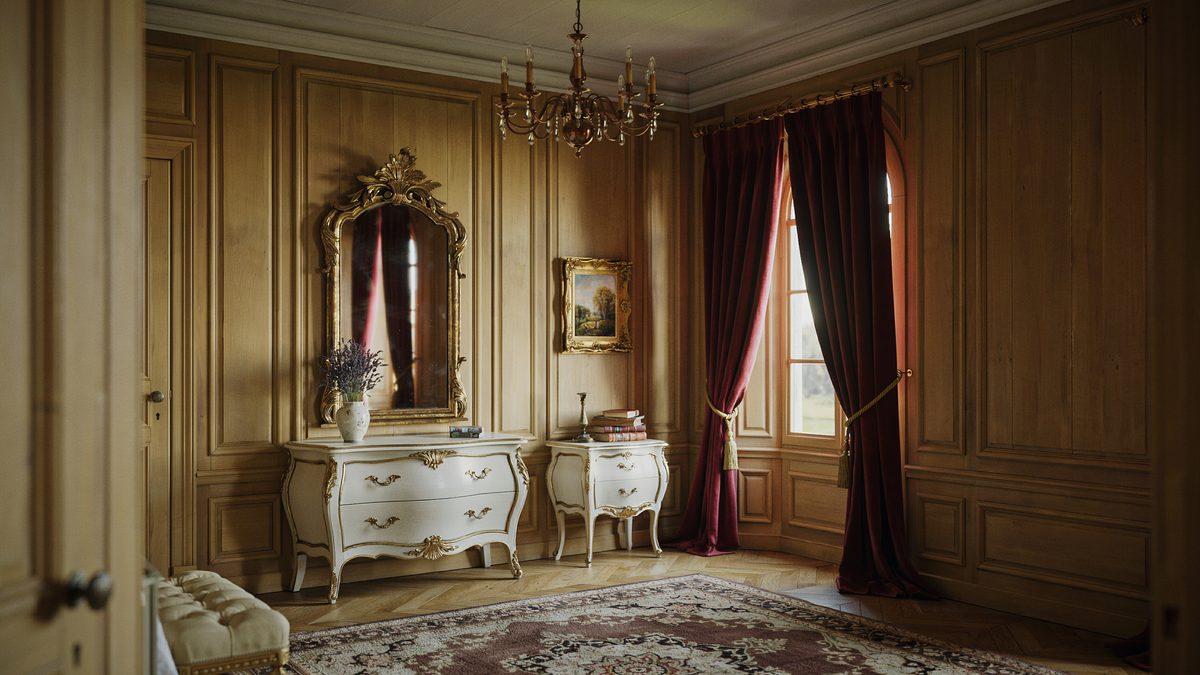 Wood paneled bedroom with white gold bombe dressers and maroon draperies