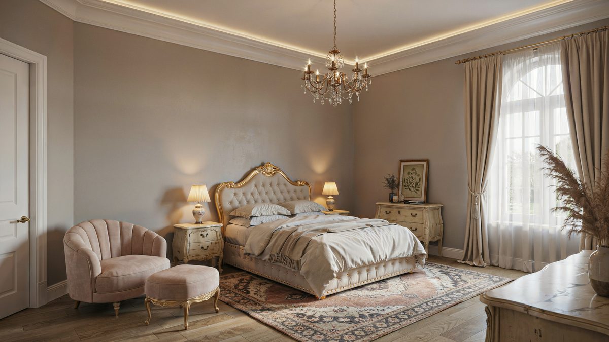 Tray ceiling bedroom with carved gilt headboard and blush lounge chair