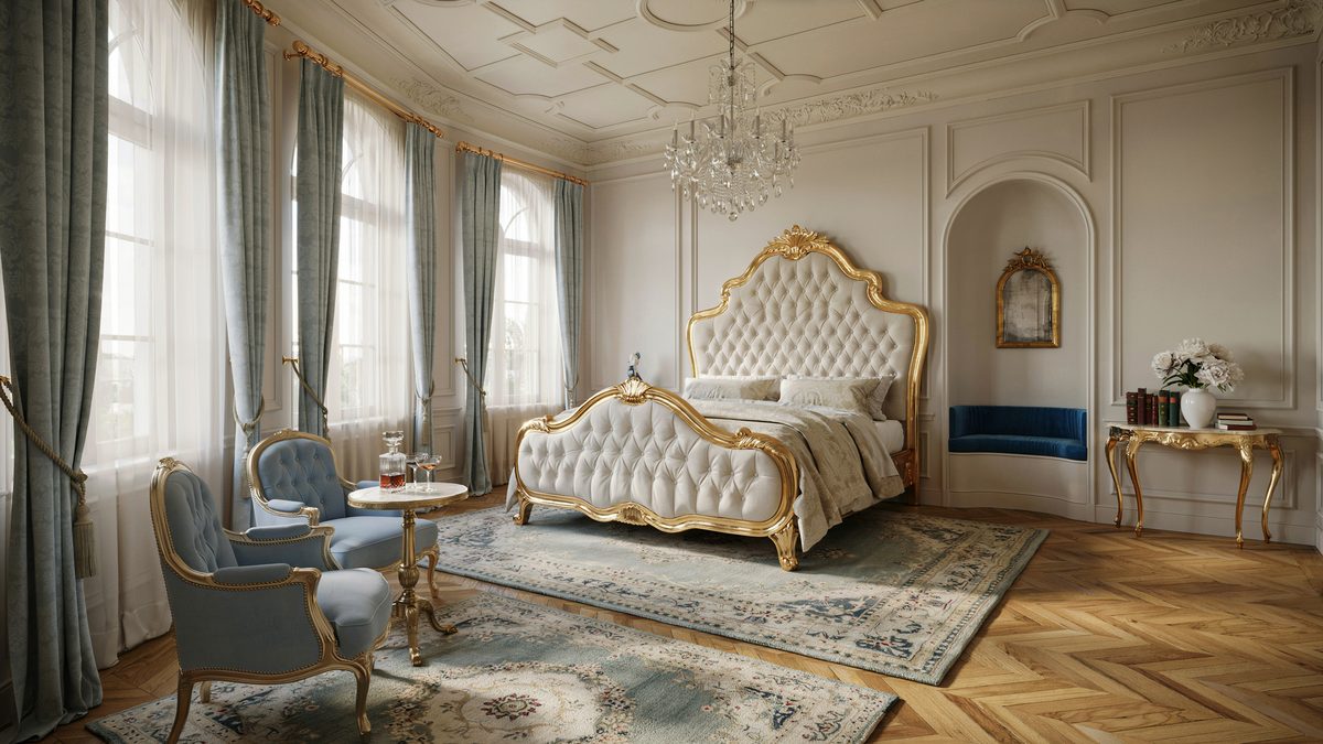 Gold framed tufted bed with pale blue armchairs on herringbone flooring