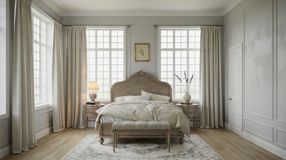Gray bedroom with carved wood headboard, two windows and a foot bench