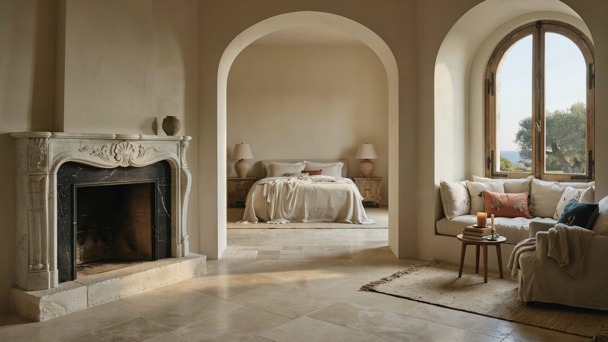 Ornate limestone mantel beside an arched opening leading through to the sleeping area