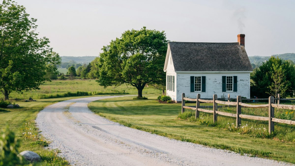 Curving gravel lane crossing a green meadow toward a white clapboard farmhouse