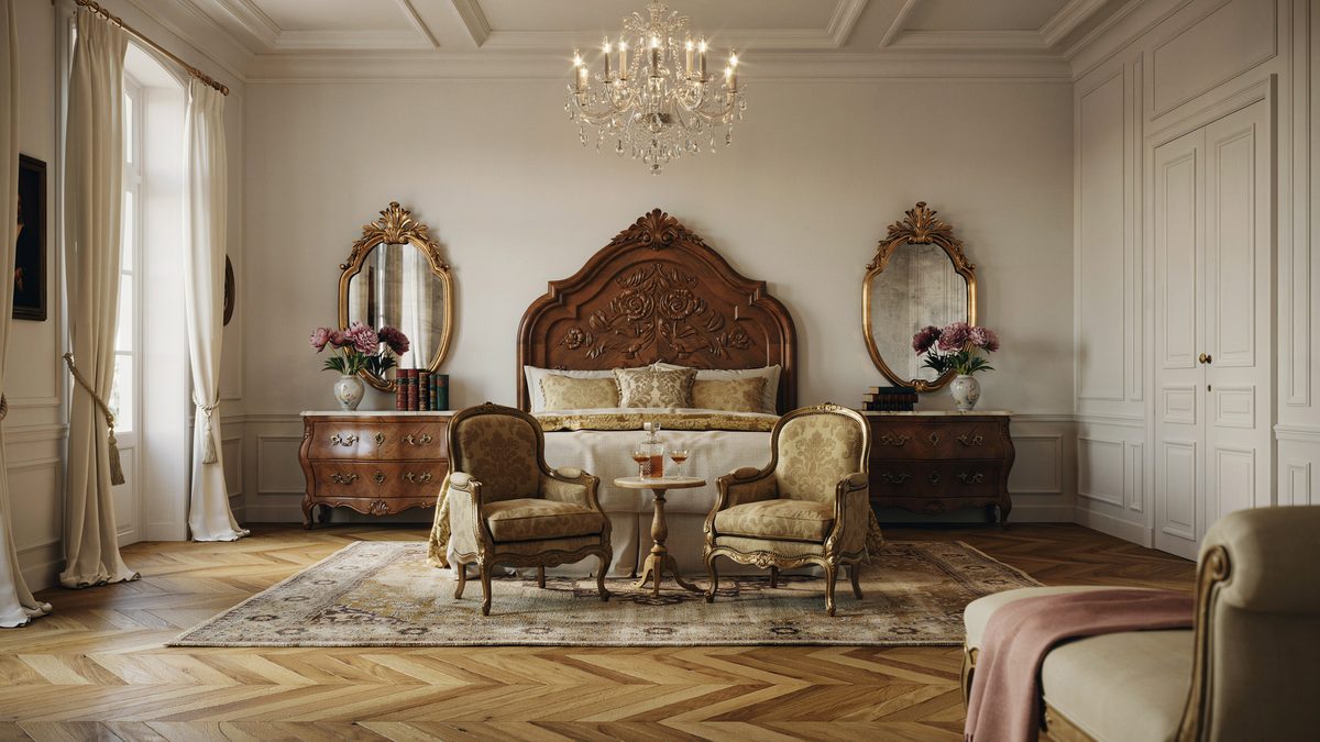 Carved dark wood headboard flanked by gilt mirrors above matching commodes