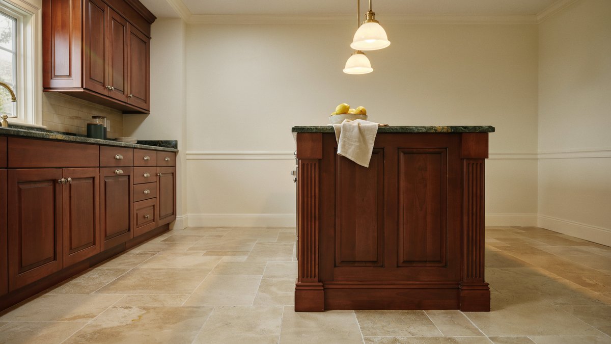 Carved cherry wood island topped with green granite under twin glass pendants