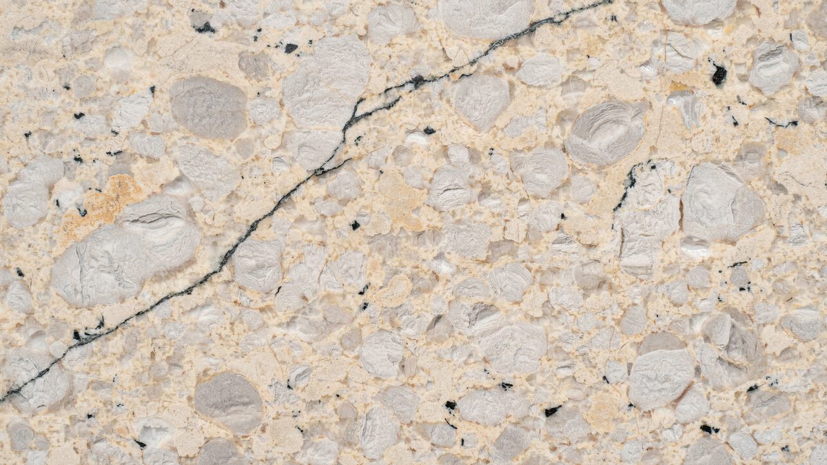 Cream and light gray pebbled stone traced by one slim charcoal vein