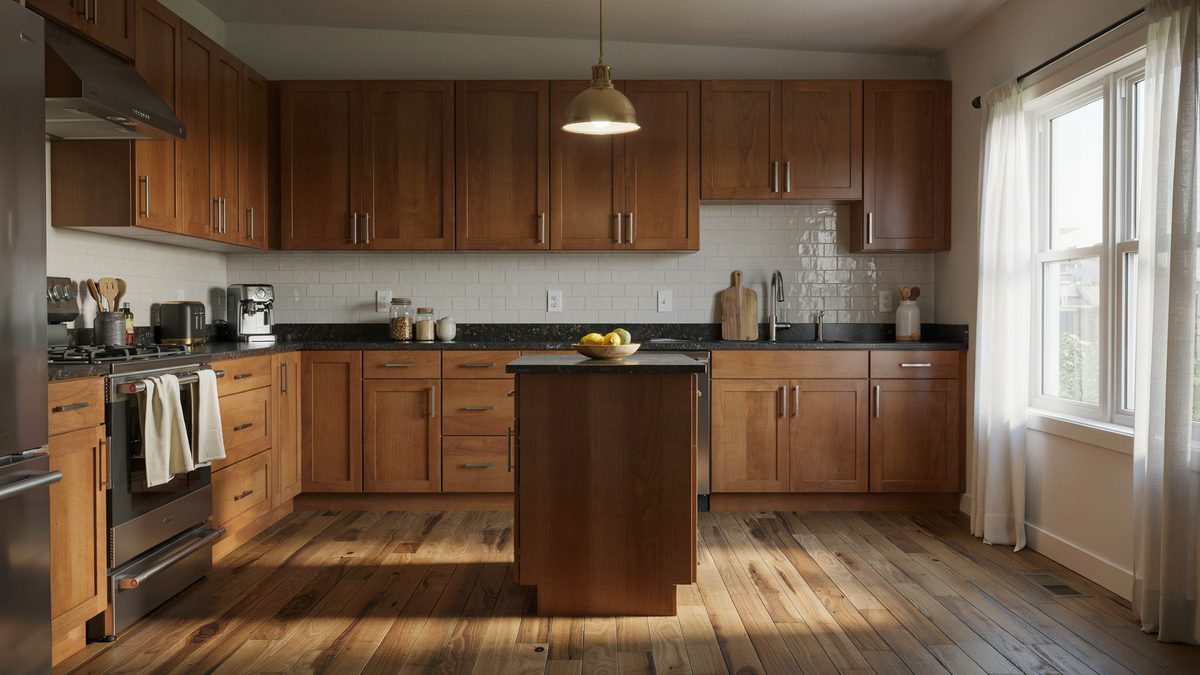 Wood cabinet kitchen with black granite counters over knotty acacia teak flooring