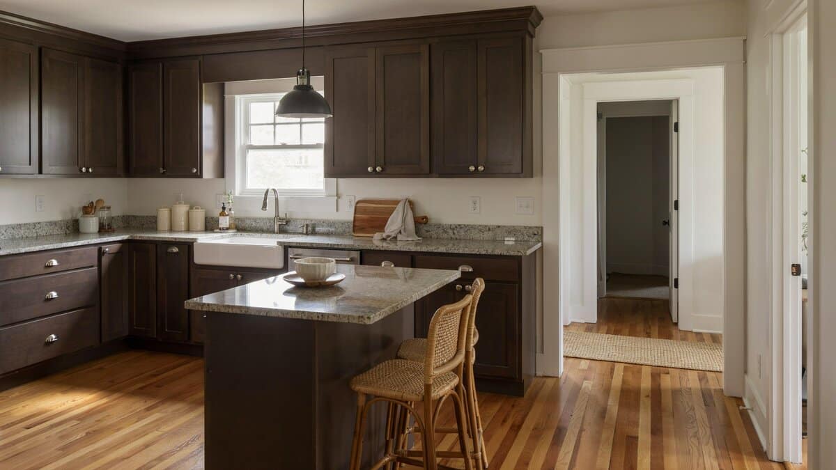 Granite topped bar island anchoring craftsman shaker cabinets over hickory plank floors