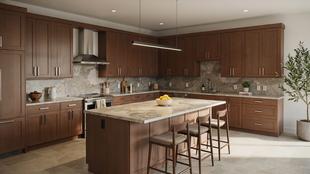Espresso stained cabinets under a creamy beige granite island with woven counter stools