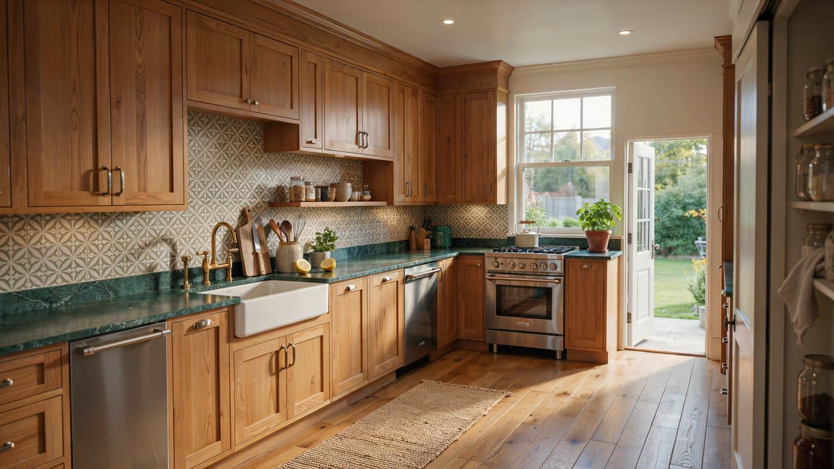 Oak cabinet kitchen with dark green counters, farmhouse sink and patterned backsplash