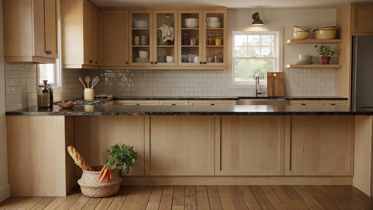 Light oak cabinetry with glass upper doors above near black speckled counters