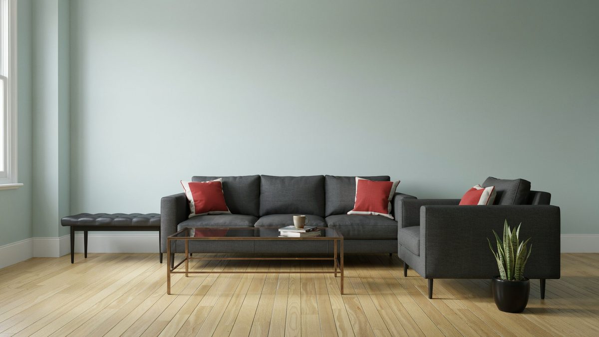 Room with white pillows and sofa in charcoal fabric