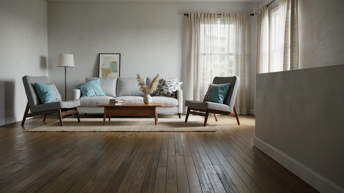 Room with blue pillows, upholstered chairs and half wall divider