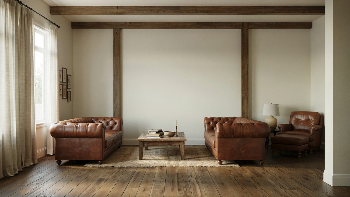 Room with hickory floors and columns, brown leather furniture and an ottoman