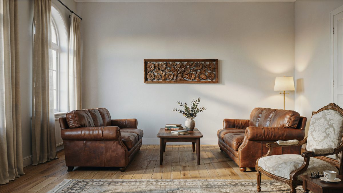 Room with engineered oak hardwood floor and wooden wall art