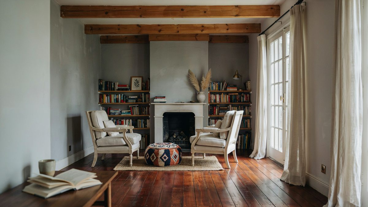 Room with white furniture, African mahogany floors and French doors