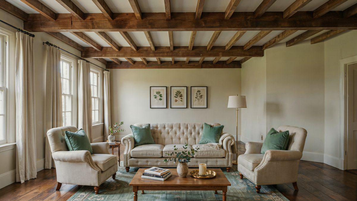 Room with sea-foam green blanket and carpet and walnut floors