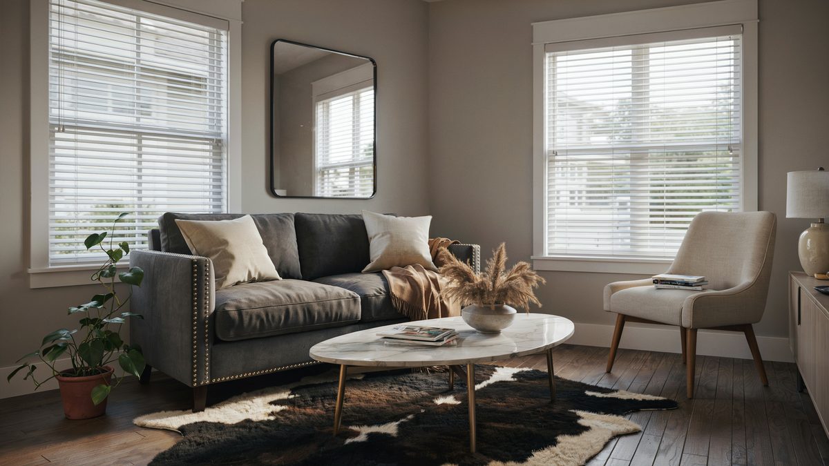 Room with windows with blinds, wall mirror and cowskin rug