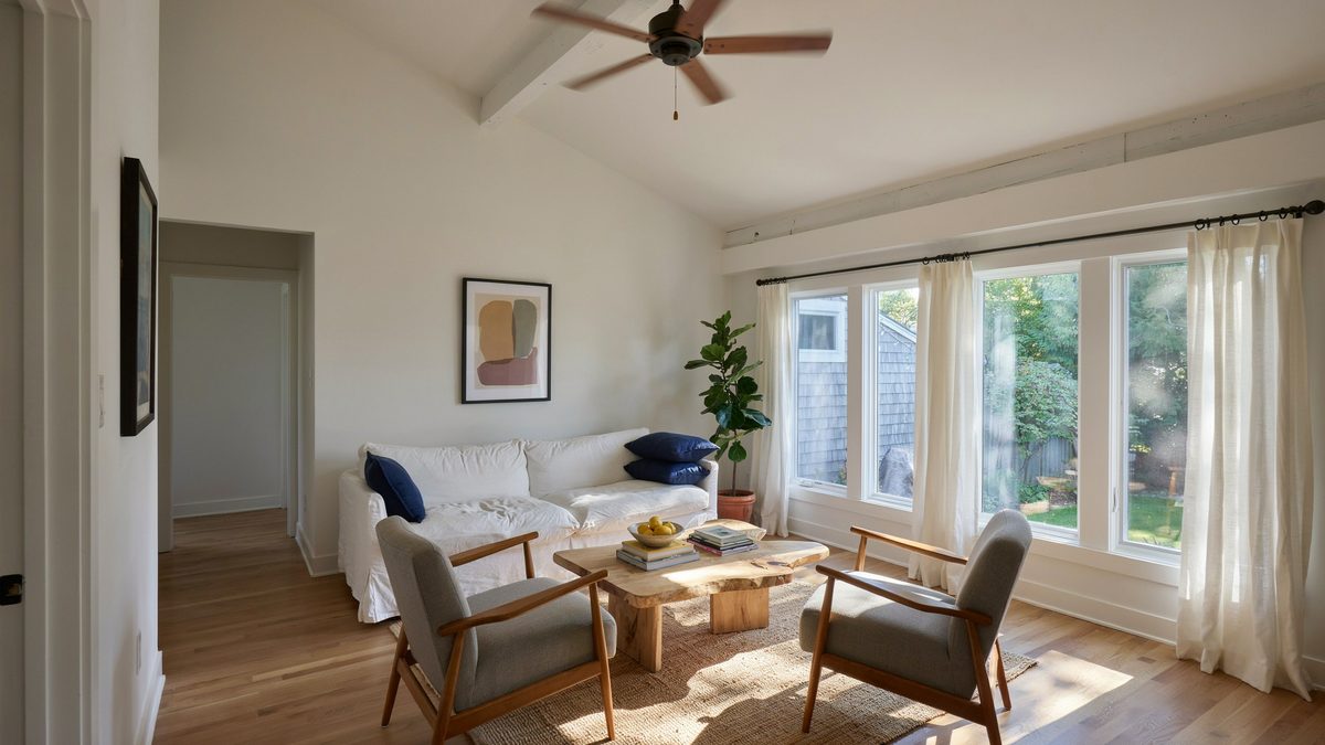 French windows, Mid-Century furniture pieces and brown ceiling fan