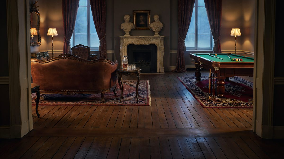 Room with open layout with pool table and Baroque style furniture