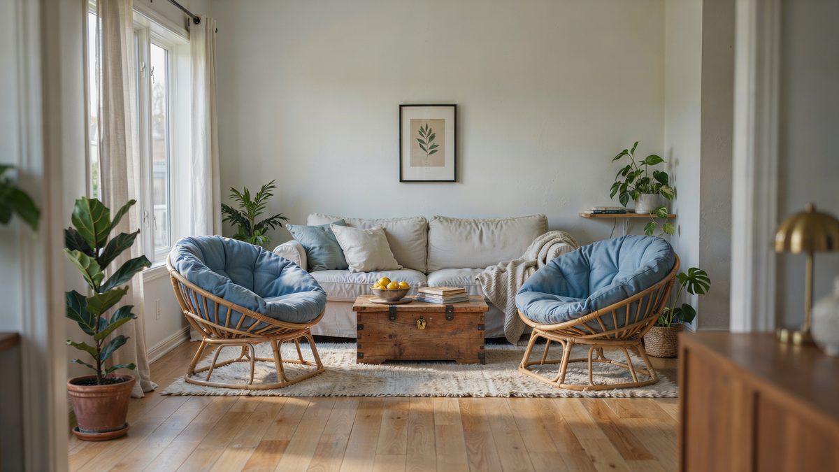 Room with blue tub chairs, shaggy rug and chest table