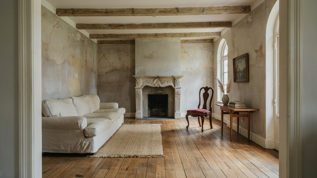Room with marbled look walls, brown floors and light cream sectional