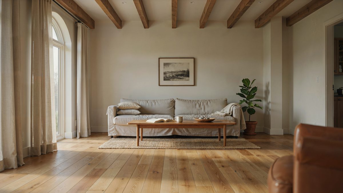 Beamed living room with linen sofa above wide honey teak hardwood planks
