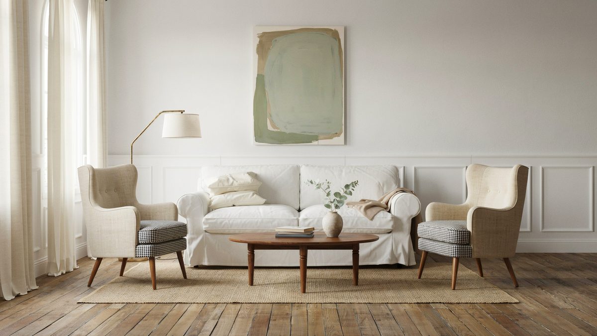 Room with weathered teak flooring and light grey walls