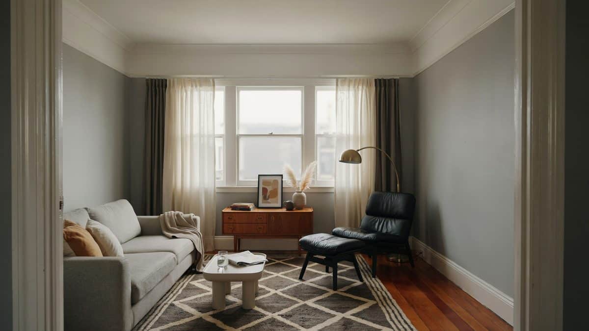 Room with Eames chair, wood side board and curtains