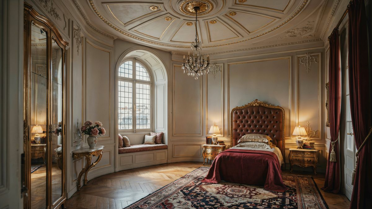 Domed cupola ceiling above a tufted burgundy bed and mirrored wardrobe