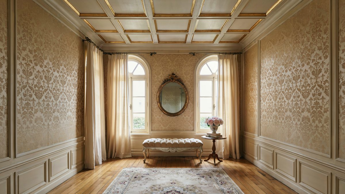 Gold coffered box ceiling over damask wall panels and a light wood floor