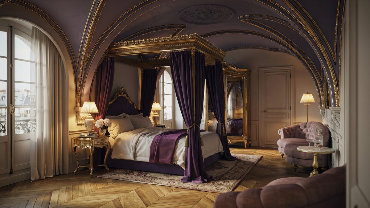 Purple canopy bed with gold posts under a painted vaulted ceiling