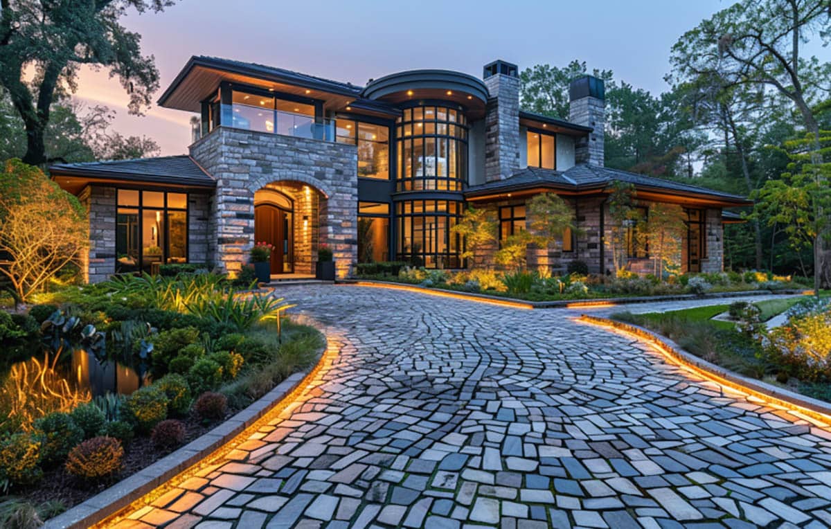 Modern home with lighted driveway