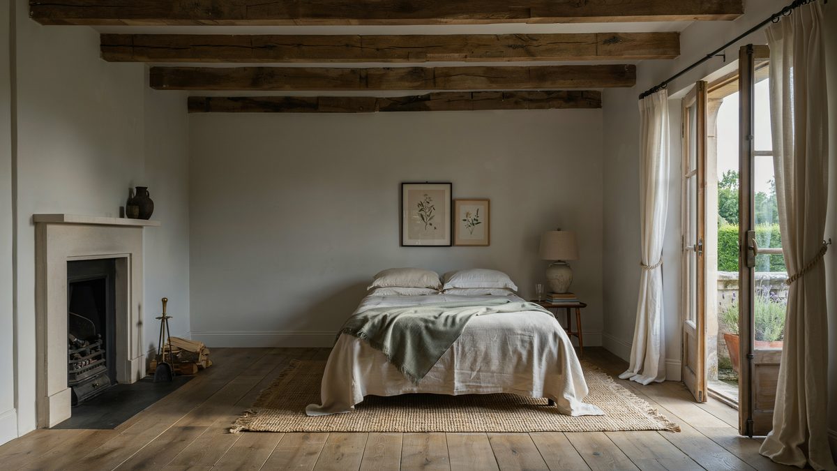 Simple plaster firebox under rough hewn ceiling beams beside open balcony doors