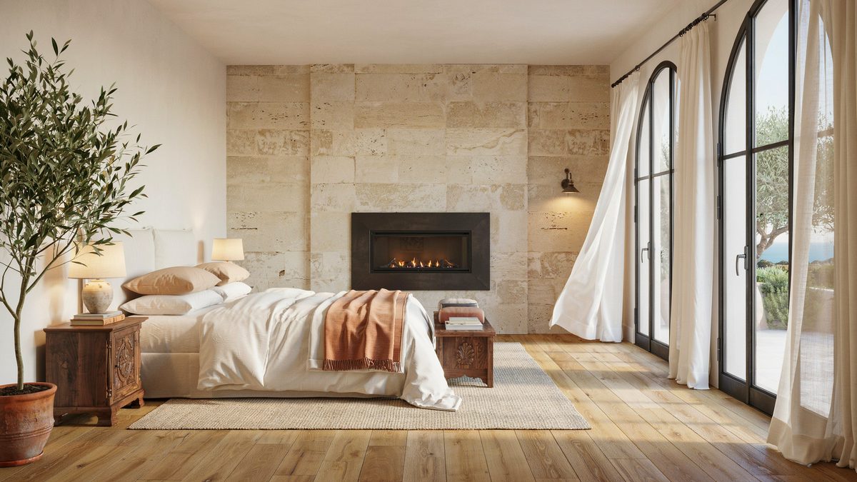 Limestone block wall with an inset firebox flanked by tall arched glass doors