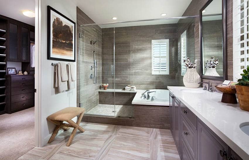 Tile shower and alcove tub combination with plantation shutters