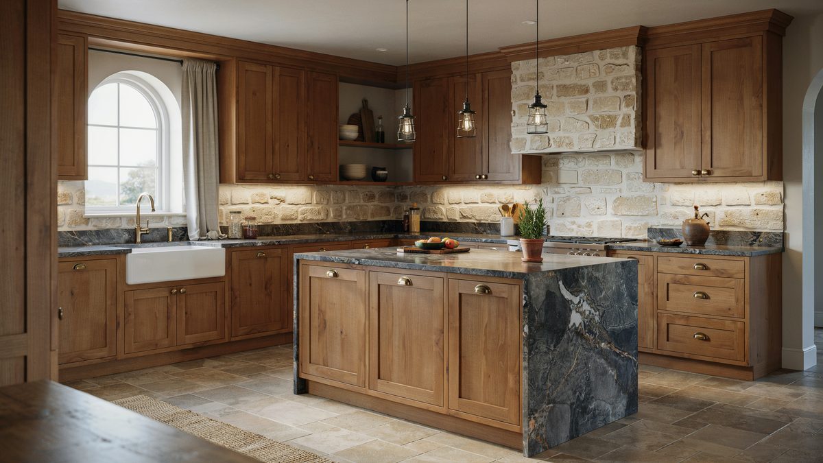 Arched window kitchen with a dark waterfall island and three glass mini pendants